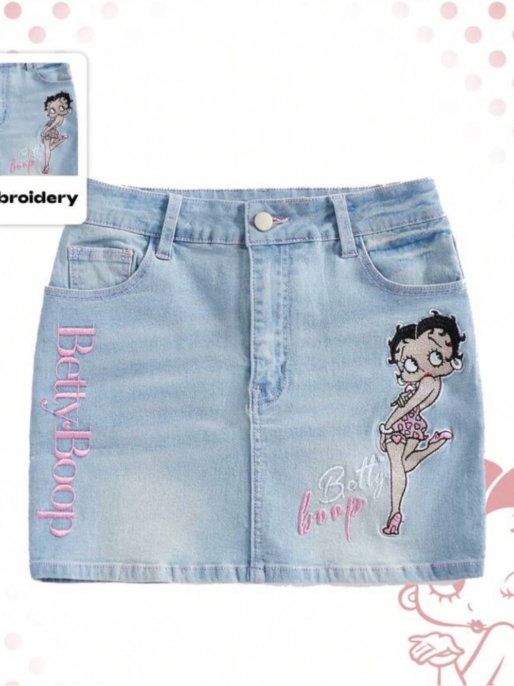 Betty Boop Light Wash Denim Mini Skirt with Embroidered Patch